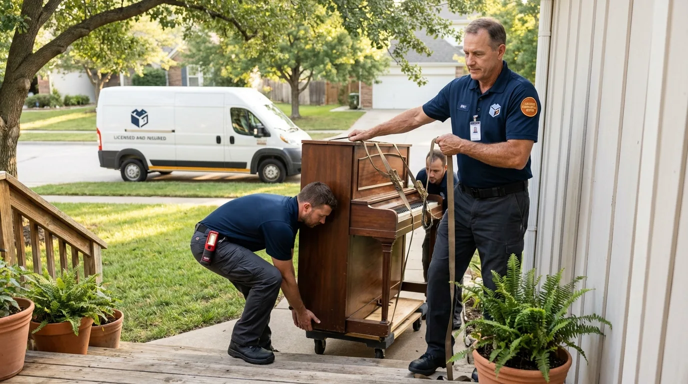 Licensed piano movers securing grand piano in Chadwicks, NY
