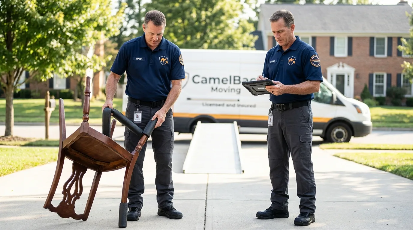Movers inspecting furniture for damage prevention before loading in Chadwicks, NY