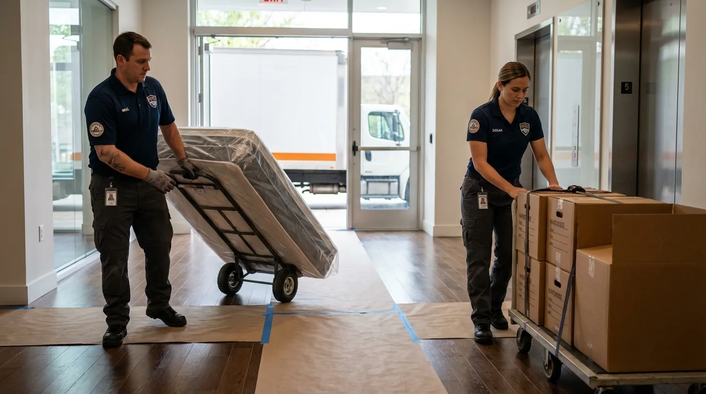 Professional apartment movers loading elevator in Chadwicks, NY